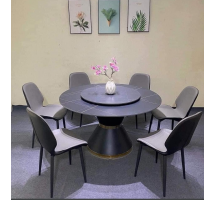Bộ bàn ghế phòng ăn Tundo mặt tròn xoay đá ceramic kèm 8 ghế